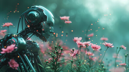An android stands in a field of pink flowers