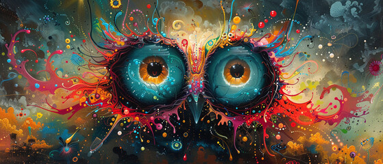 An owl with bright blue eyes surrounded by colorful abstract splatters