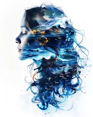 Double exposure illustration of a woman with water waves splashes background