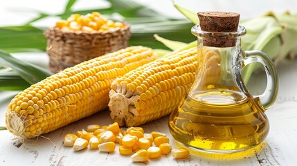 Corn oil in decanter, fresh corn cobs  - obrazy, fototapety, plakaty