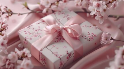 Elegant Pink Present Box with Sakura Flowers