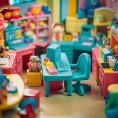 Naklejka premium Miniature toy doll room fun and bright work office at home with desk, computer, chair