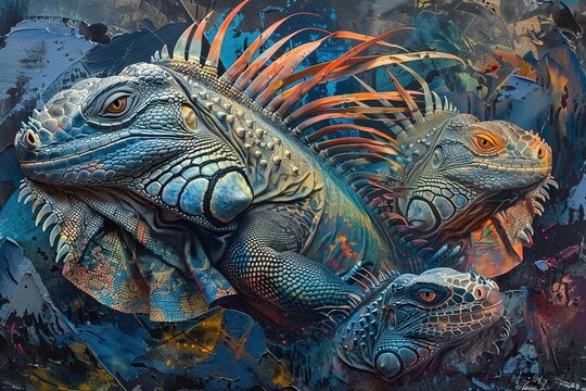 An abstract depiction of iguanas engaged in intricate interplay, their forms merging with the textures of the tropical surroundings --ar 3:2 Job ID: 3b7bf04c-da09-4ba4-bd61-1335ab85da84