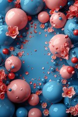 A bunch of blue and pink balloons with flowers on them, AI