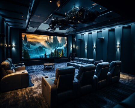 Advanced home theater room with projection mapping, surround sound system, and luxury seating, immersive entertainment experience