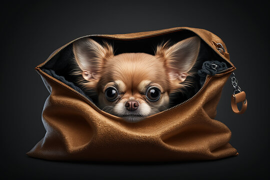 Chihuahua dog in a leather bag