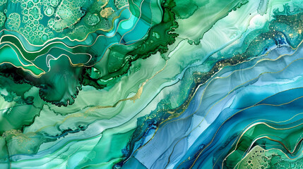 Vibrant green and sea blue alcohol ink, agate texture in high definition.