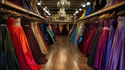 Luxurious formal gowns. Intricate details and designs in a dress shop
