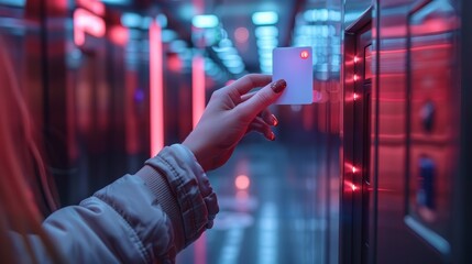 a female hand holding a white sim card in front of a digital door lock