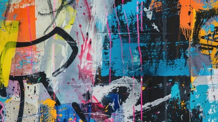 An urban canvas of chaotic paint strokes, smudges, and partial graffiti on an aged wall