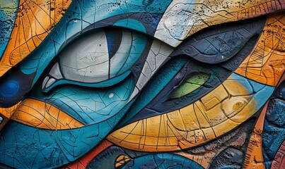 Bird graffiti on the wall, eyes close-up, three-dimensional image, yellow and blue colors