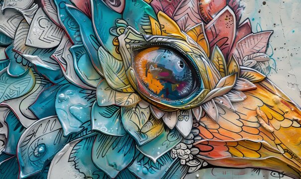 Bird graffiti on the wall, eyes close-up, three-dimensional image