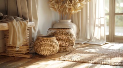 Fototapeta premium Woven Baskets in a Sunlit Room Add Softness to Home Storage