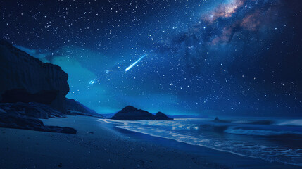 Beach at night, there is  milky way in the beautiful sky