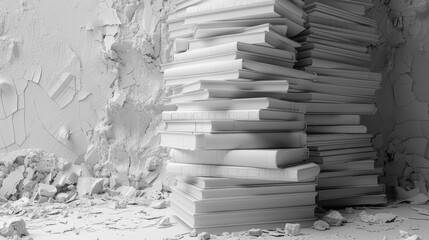 3d render stack of books and paper on white background
