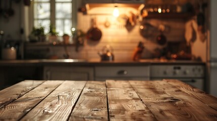 Grunge Natural Wooden Table Top. A natural, grunge wooden tabletop set against a softly blurred kitchen interior with ambient homey lighting.