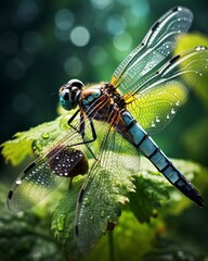 Closeup of a dragonfly on a warm sunny day, perched delicately on a leaf, dew drops visible, soft focus on natural green backdrop