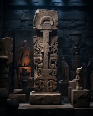 Ancient stone sculpture in a museum, spotlight on detailed carvings, historical art piece, soft dark background enhancing textures - obrazy, fototapety, plakaty