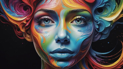 Immerse yourself in a mesmerizing realm where colors dance and converge, giving birth to an ethereal portrait. The woman's face is a canvas of vivid hues, each stroke blending seamlessly to create a h