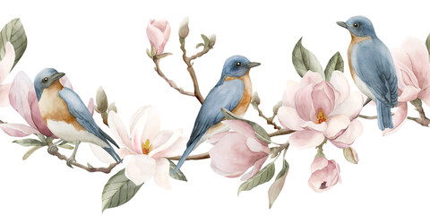 Light pink magnolia flowers with blue birds with red breast. Seamless border of spring blossom. Watercolor illustration - obrazy, fototapety, plakaty