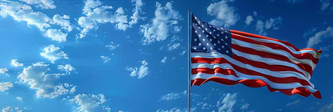 Patriotic USA background with waving American,
United States of America flag on a pole waving on cloudy blue sky background
