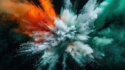 Explosion of colored powder in green, white, and orange hues on a black background