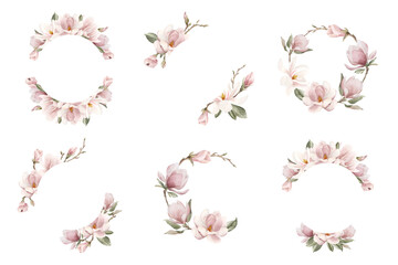 Set of wreaths with light pink magnolia flowers, buds, sprigs and leaves. Floral watercolor illustration for print, logo © Leyla