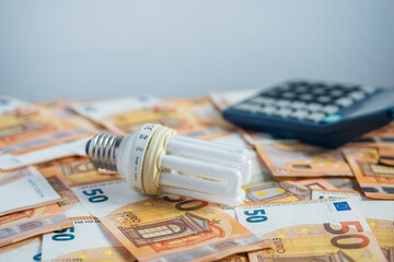 light bulb energy saving calculator and 50 euro note bills in utility 
