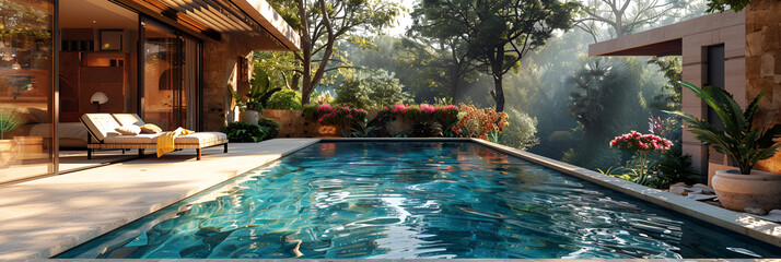 Private swimming pool near luxury villa. Sunny day,
Modern dream home amidst lush landscaping

