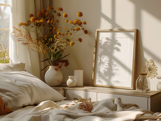 Capturing Morning Light: Tilted Side View of White Frame Mockup in Bedroom