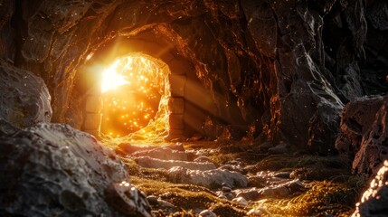 Sunlight streaming through enchanted cave entrance with magical sparkles, illuminating pathway. Fantasy and adventure in mystical landscape.