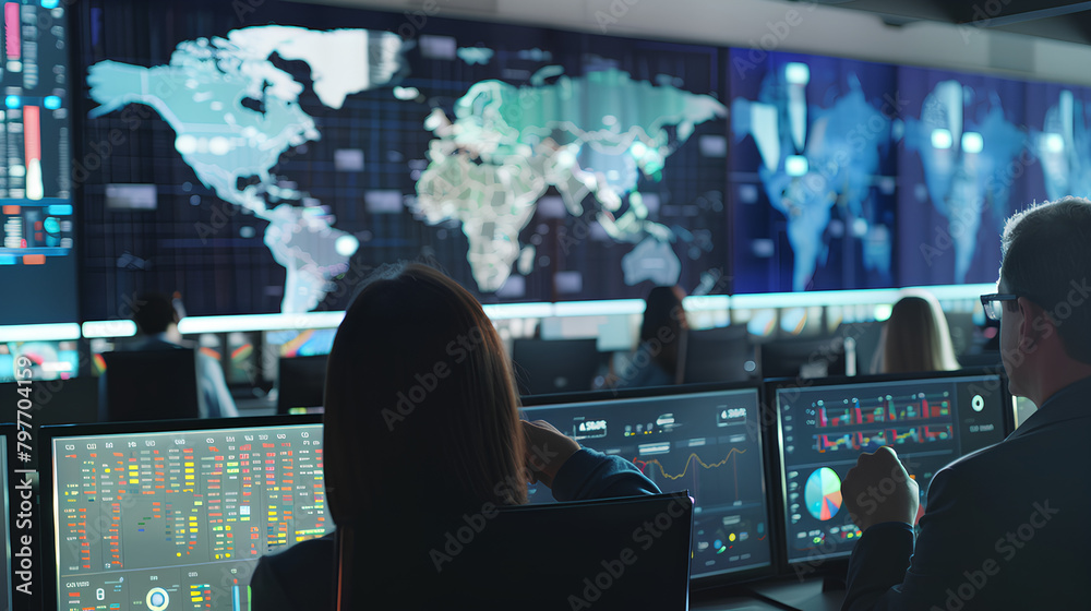 Poster visualize a high-tech digital command center monitoring global