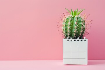 Mockup paper spiral calendar with cactus on pink background