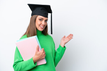 Young student caucasian woman isolated on white background extending hands to the side for inviting to come