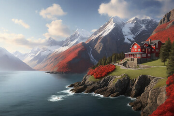 Beautiful alpine landscape with red house in the middle of lake