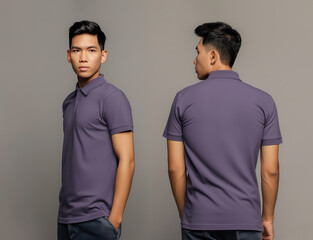 Front and back views of a man wearing a purple polo shirt mockup template