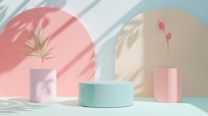 Fototapeta na wymiar Minimalistic product display with colorful geometric shapes and tropical plants, cosmetics or jewelry setting. Abstract minimal scene for products stage showcase.