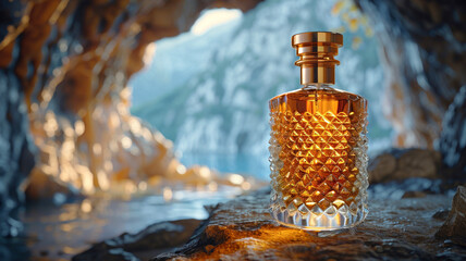 A textured perfume bottle filled with a golden liquid sits on a rocky surface with a cave and...