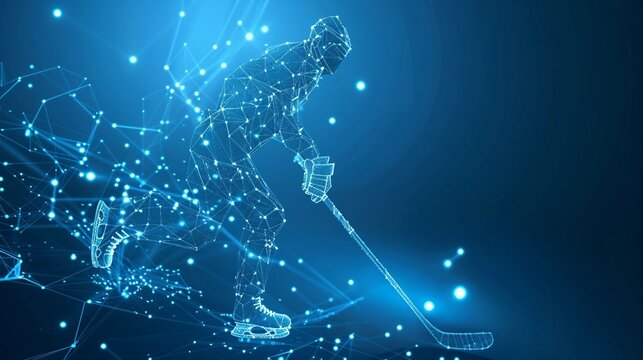technology in hockey game,  digital blue low poly hockey player with glowing data streams, ai in sports analytics, game strategy optimization algorithms. wireframe player. 