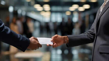 Closeup of hands exchanging a business card in a sleek corporate environment, focus on card, concept of networking and professionalism