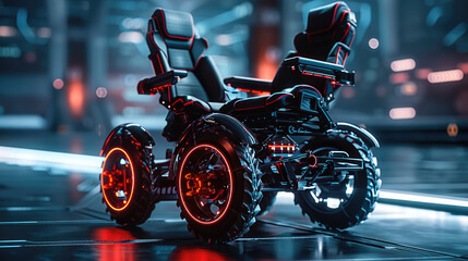 Fototapeta premium An electric wheelchair is showcased in a futuristic environment, illustrating advanced mobility technology