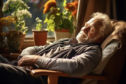 Elderly man taking a nap in a cozy recliner chair, peaceful setting with a soft blanket and a book on his lap, focus on relaxation and health
