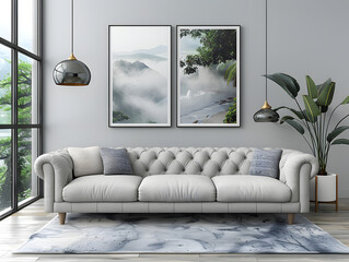 Contemporary Comfort: Stylish Grey Sofa with White Frame Mockup in Living Room