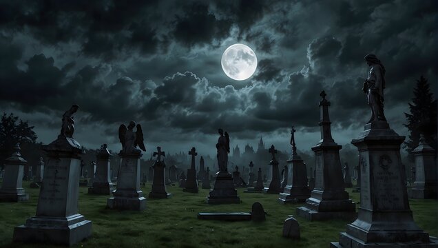 A gothic-style graveyard with dramatic angel statues, dark clouds overhead, and an ominous full moon ai_generated