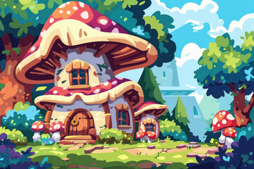 A painting depicting a whimsical mushroom house nestled in a dense forest surrounded by tall trees and lush greenery
