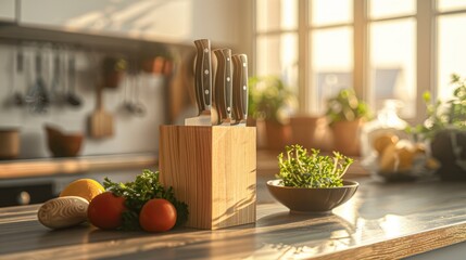 A Modern Knife Set Stylishly Presented on a Wooden Block in a Sunlit Kitchen