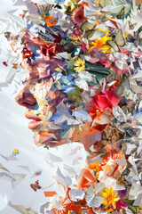 A womans face intricately crafted from an assortment of colorful paper flowers, creating a unique and artistic composition