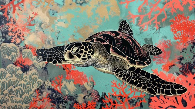 Sea Turtle Gliding Through Vibrant Coral Reef