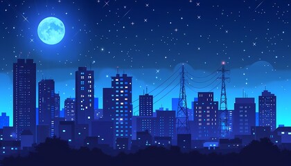 Illustration Urban skyline with telecommunications towers and factories at night , concept of modern city infrastructure and network communication