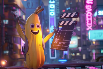 A banana holding a clapstick and a movie slate, ready for action in the film industry